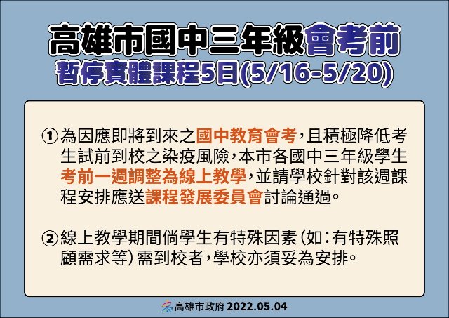 【高雄市國中三年級會考前暫停實體課程5日(5/16-5/20)】